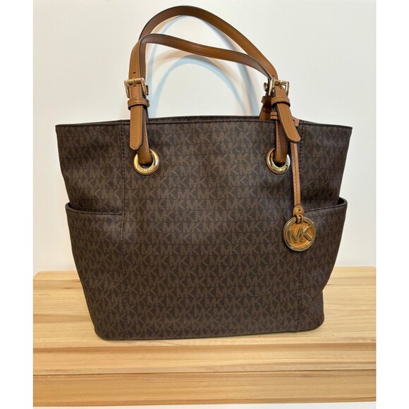 Michael Kors Jet Set Logo Signature Coated Canvas Brown Tote Bag Purse - Picture 1 of 9